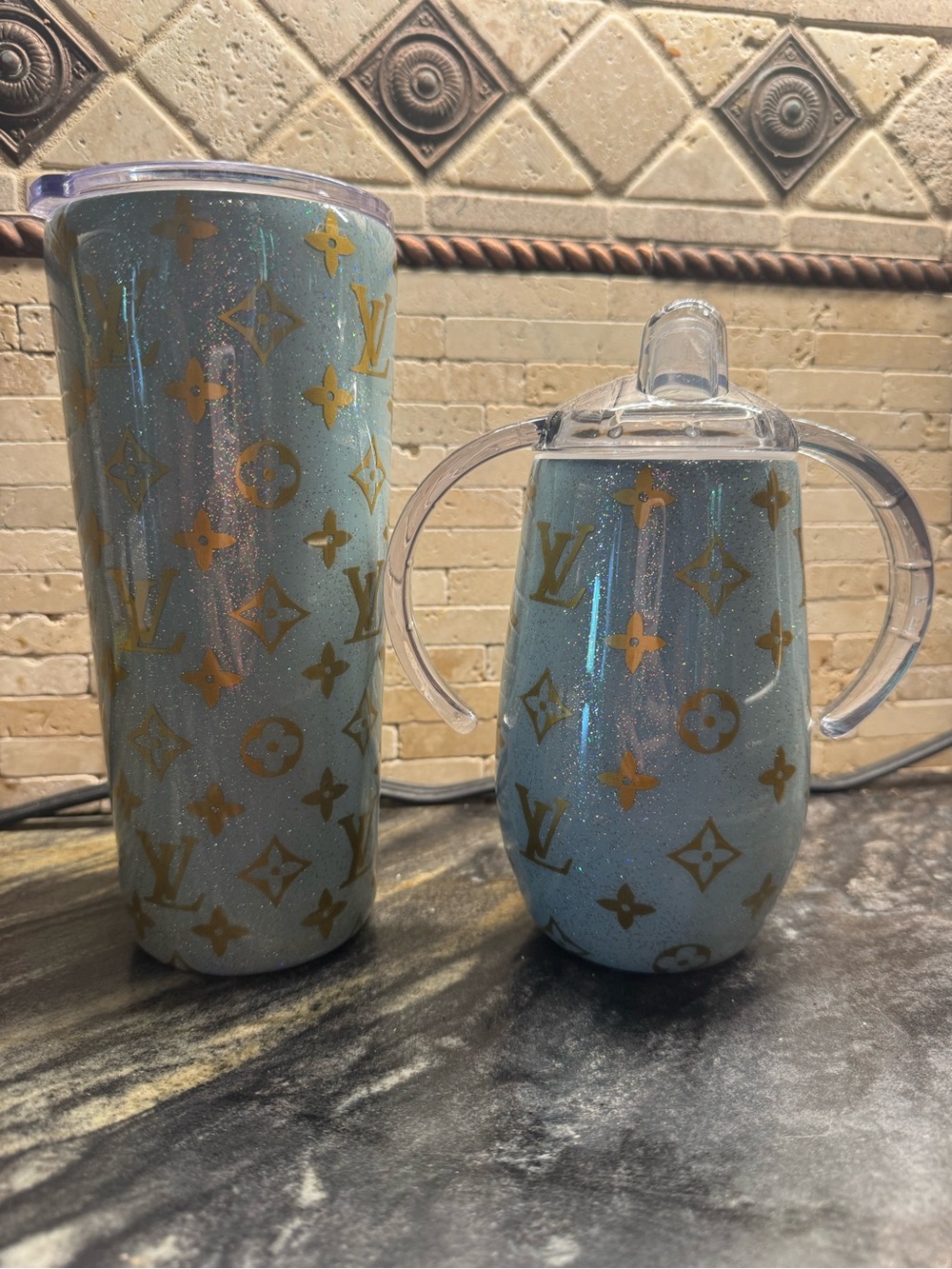 Luxury-Inspired Light Blue Glitter Tumbler & Sippy Cup Set - Designer Pattern